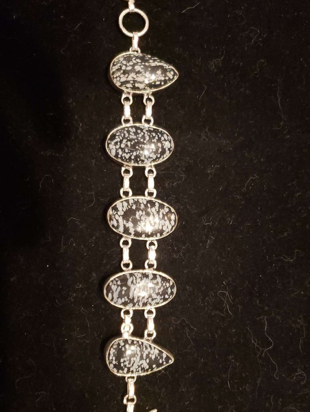 NEW Natural Gemstone Snowflake Obsidion Sterling Stamped Bracelet, Unisex 7-8" L